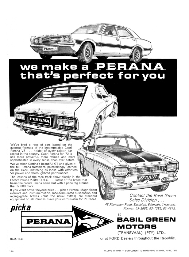 1972-05 Racing Mirror - Basil Green Motors Advert - Cortina Mk3, Capri V8 and Escort Mk1 Peranas